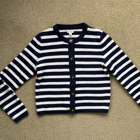J. Crew Striped Cotton Lady Jacket Cardigan Sweater Navy and White Size XS - Picture 1 of 4